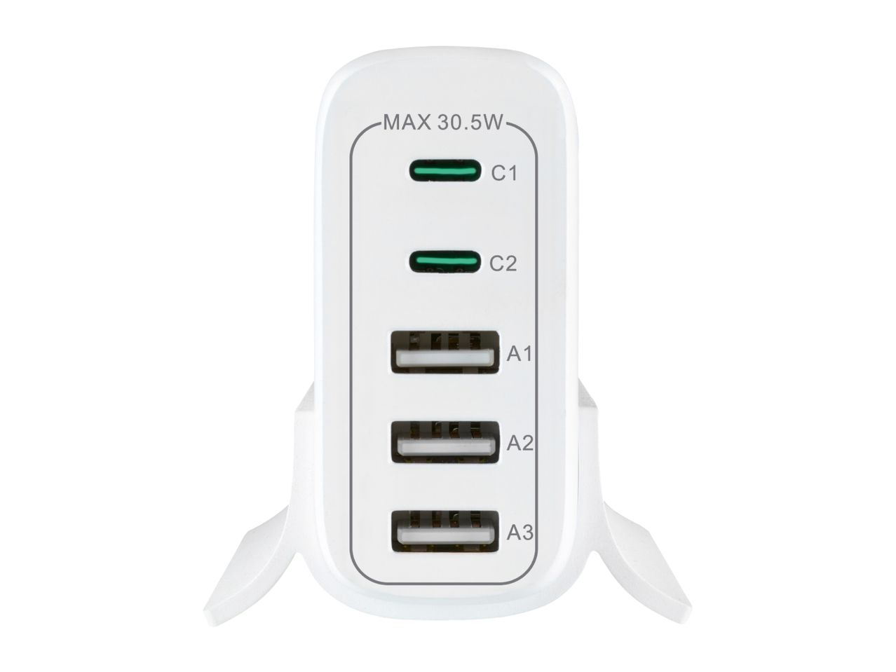 White multi-port charger with two USB-C ports (C1, C2) and three USB-A ports (A1, A2, A3), max 30.5W.