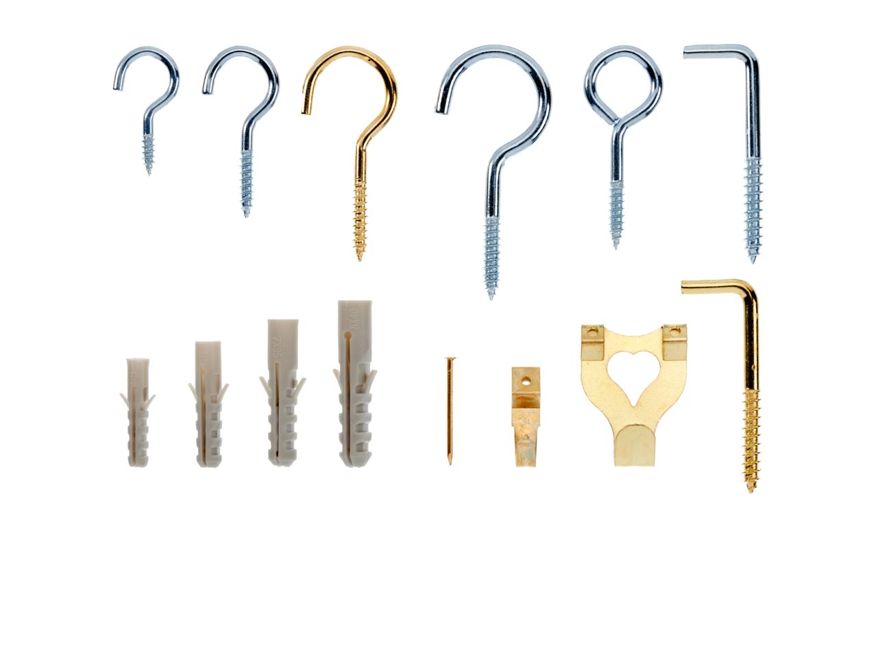 Various metal hooks, screws, wall plugs, and picture hangers on a white background.
