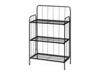 Black metal 3-tier shelving unit with slatted shelves and a decorative top rail.