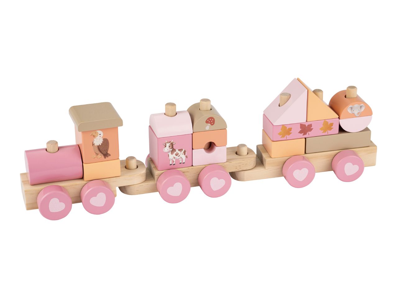 Wooden toy train with animal and nature-themed blocks in pink, orange, and beige.