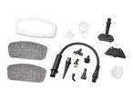 Steam cleaner accessory kit with various nozzles, brushes, and filters.