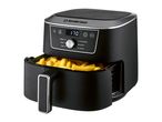 Black air fryer with a digital display showing 170 degrees Celsius, filled with golden fries.