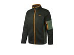 Dark green knitted fleece jacket with orange zipper and accents.