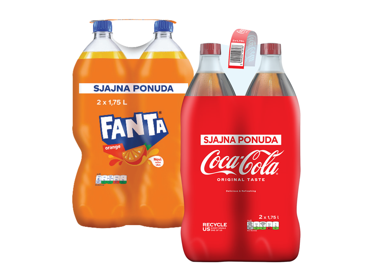 Dva pakovanja Fanta Orange i Coca-Cola Original Taste, svako sa 2x1,75L flaše.