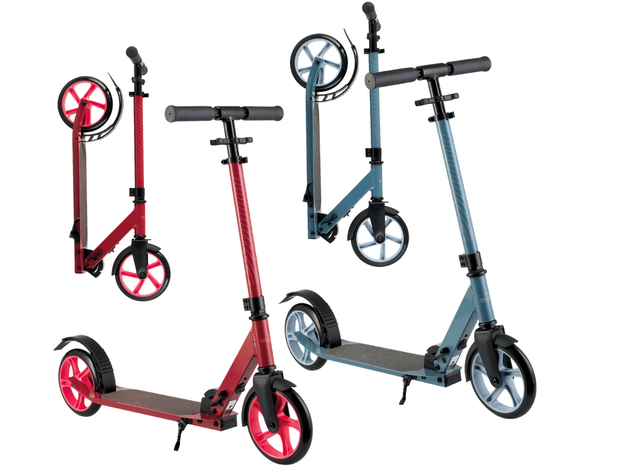 Två hopfällbara sparkcyklar, en röd och en blå, med en röd och en blå hopfälld sparkcykel bakom.