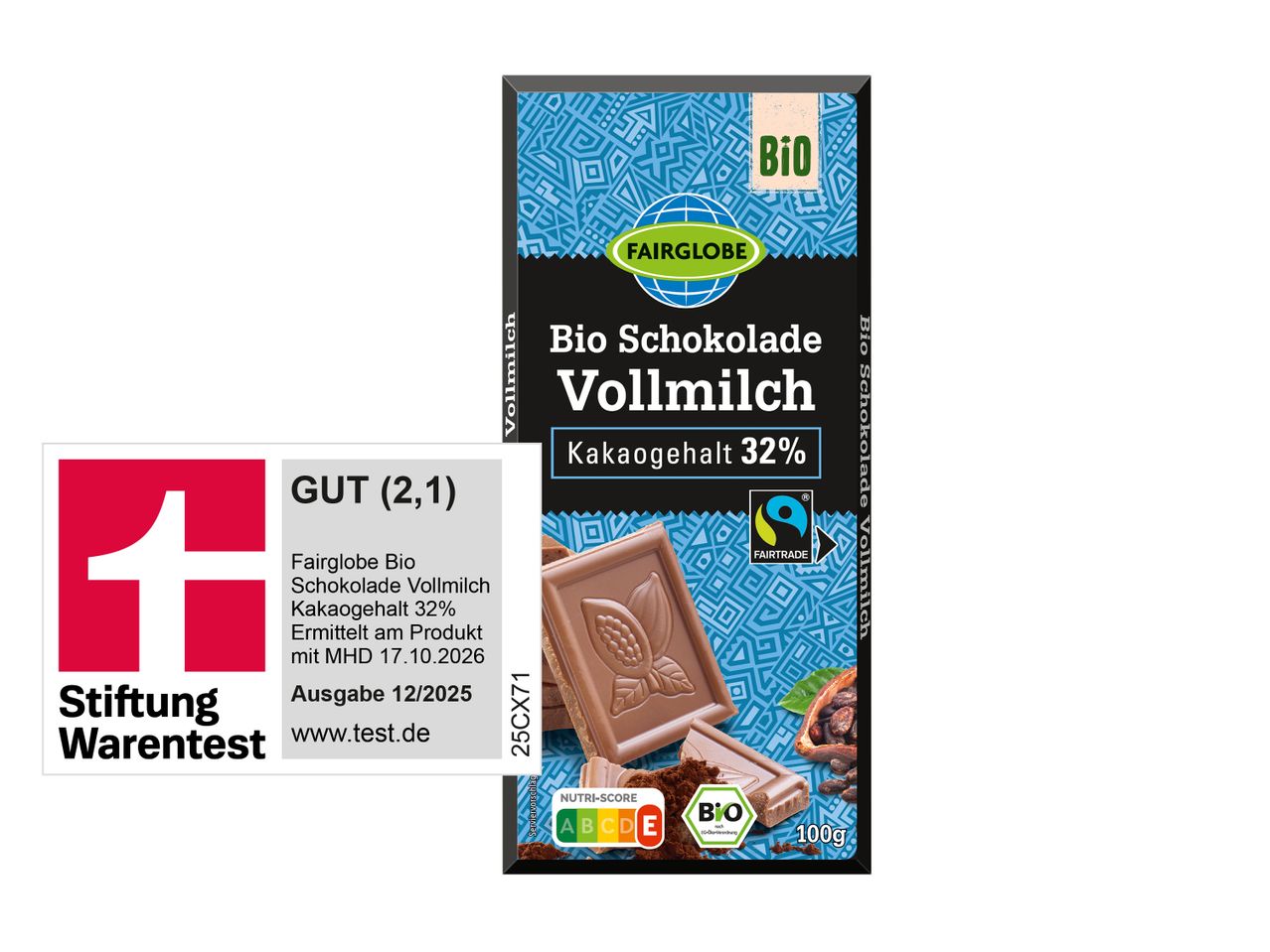 Bio-Vollmilchschokolade mit 32% Kakao, Fairtrade-zertifiziert, mit Stiftung Warentest Bewertung „GUT (2,1)“.