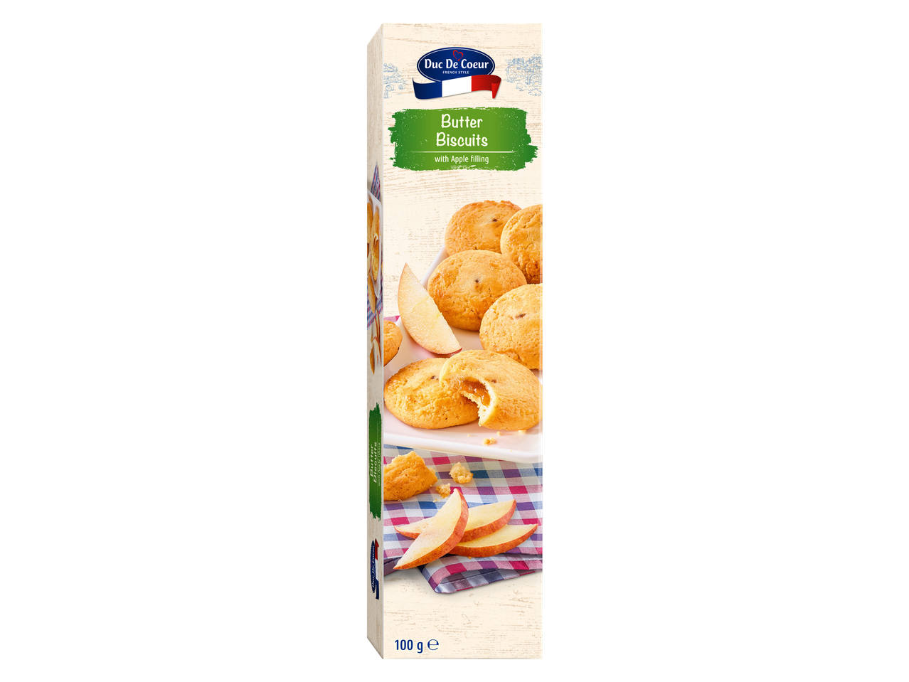 Kaste ar Duc De Coeur sviesta cepumiem ar ābolu pildījumu.