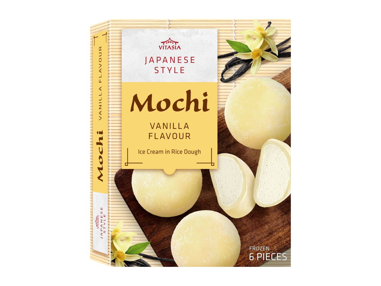 Japanese style vanilla mochi ice cream in rice dough, 6 pieces, frozen.