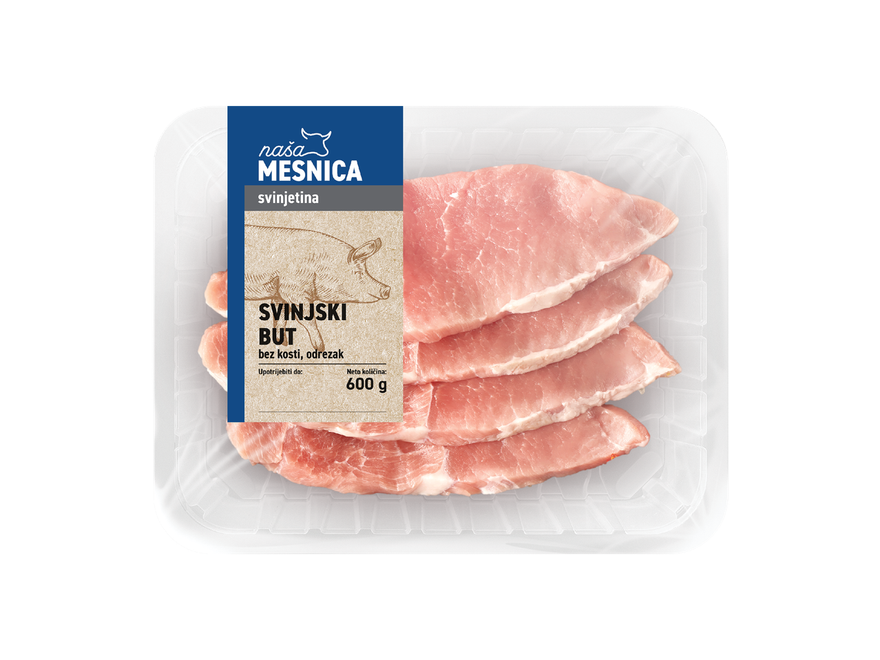 Pakiranje svinjskog buta bez kosti, odrezak, neto količina 600 g.