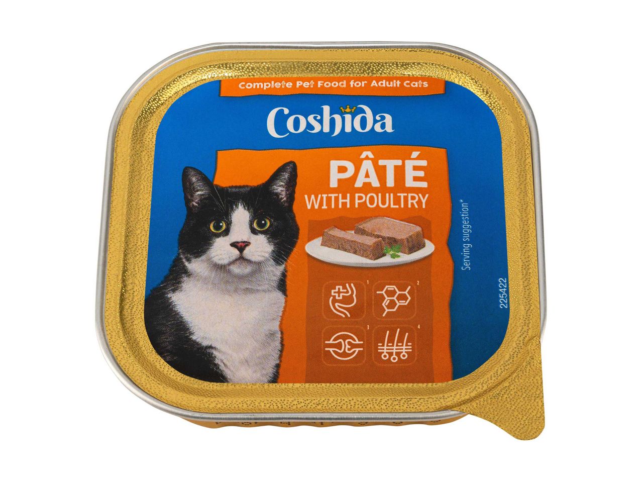 Coshida Pâté macskaeledel baromfival, fekete-fehér macskával a csomagoláson.