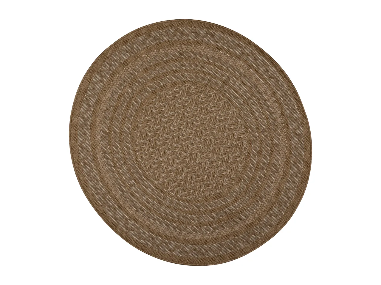 Round brown woven placemat with a geometric pattern