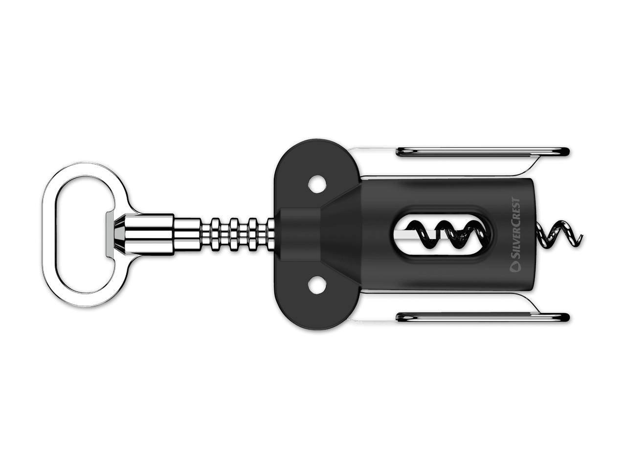 Korkenzieher mit Flaschenöffner auf schwarzem Hintergrund