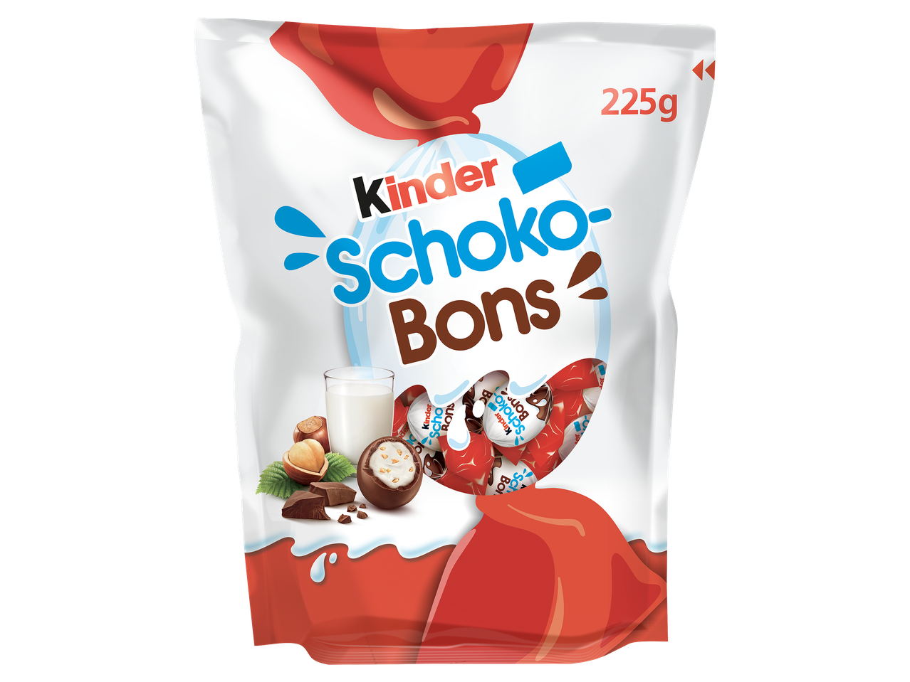 Sachet de chocolats aux noisettes, avec un verre de lait et des noisettes, 225g.