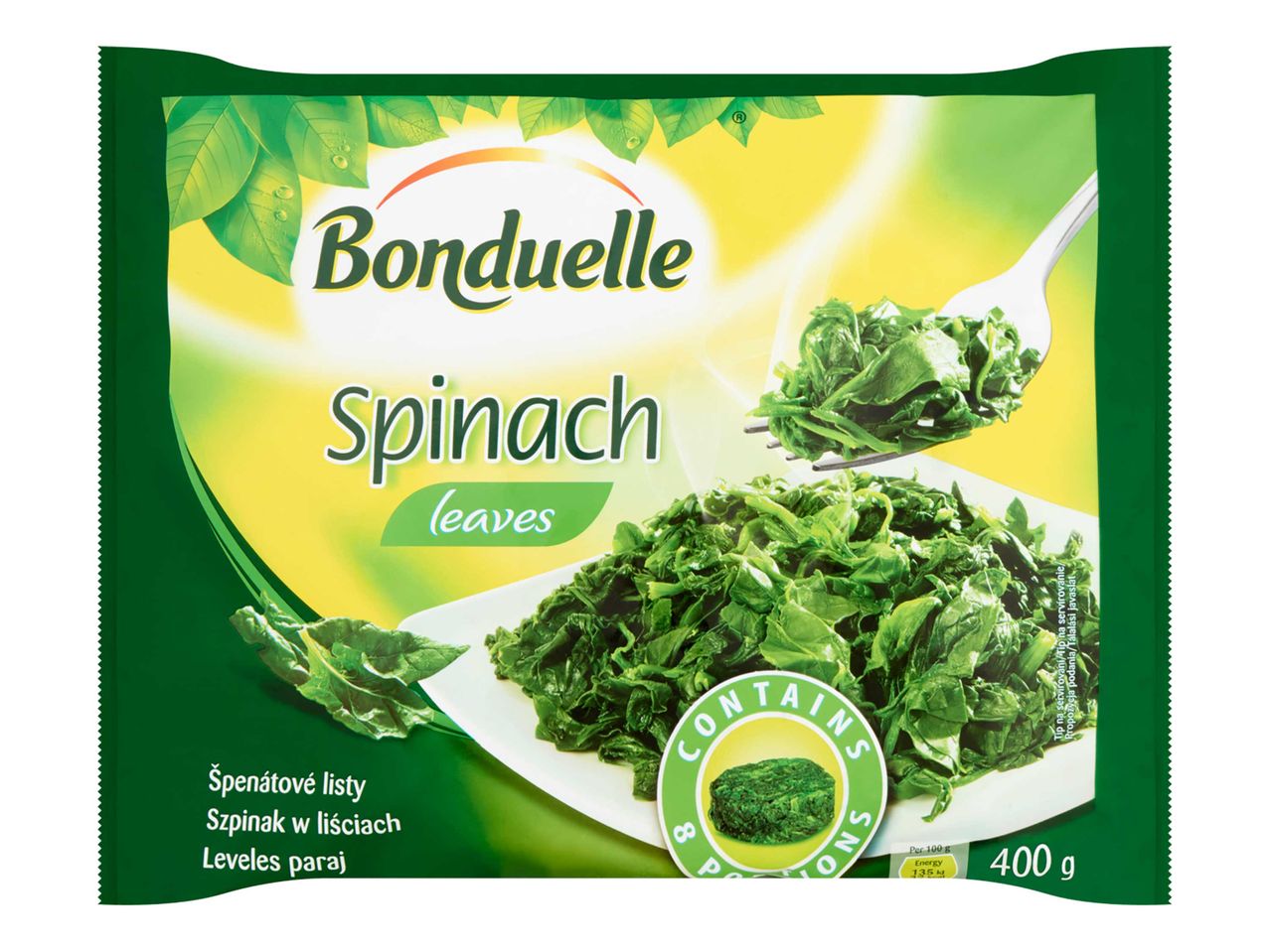 Bonduelle fagyasztott spenót: 400g spenótlevél.