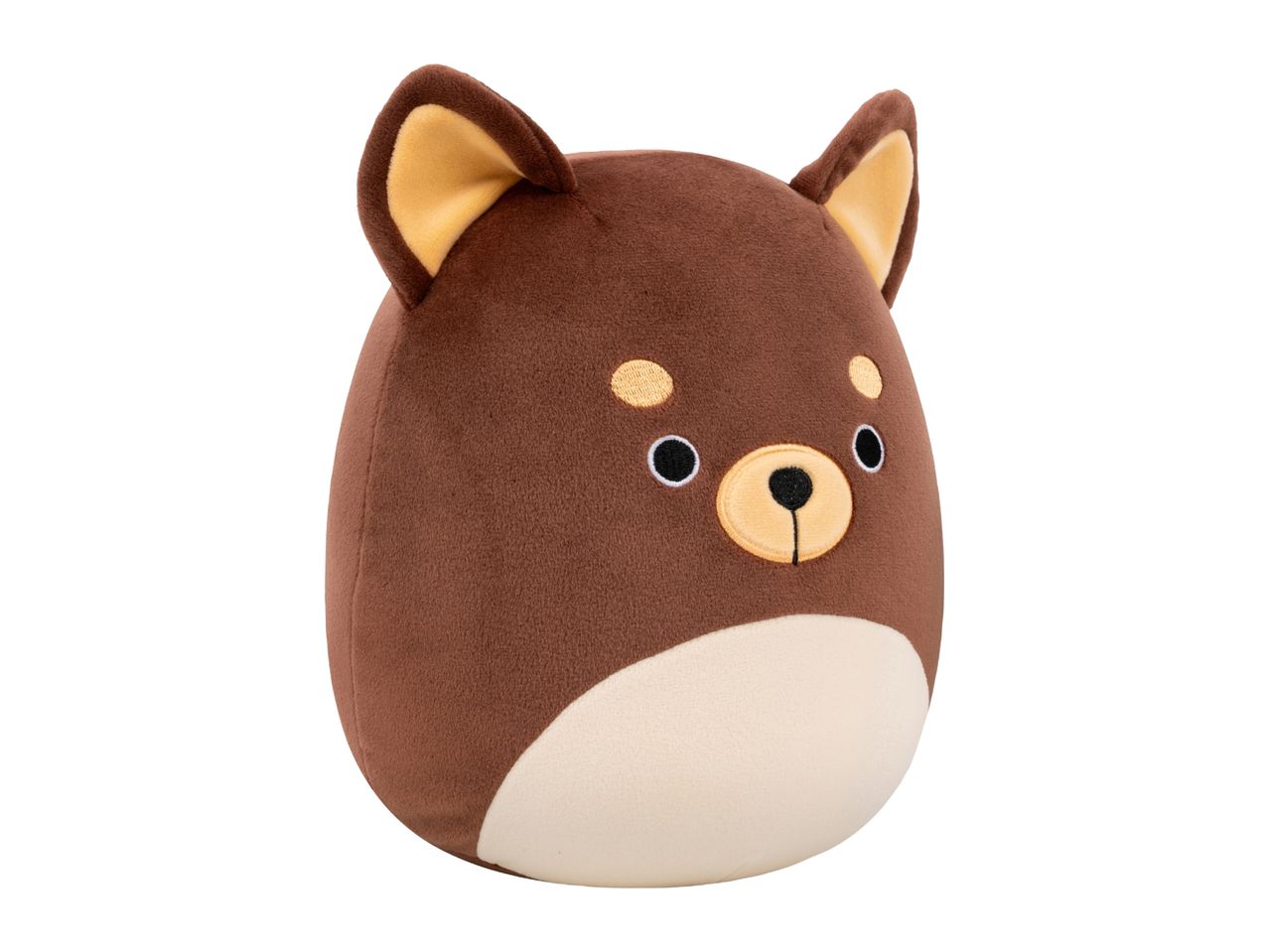 Brown plush toy in the shape of a dog with cream-colored belly and ears