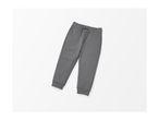 A pair of gray sweatpants with a drawstring waist, laid flat on a white background.