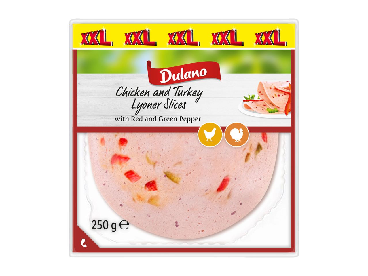 Dulano Chicken and Turkey Lyoner Slices with red and green pepper, 250g.