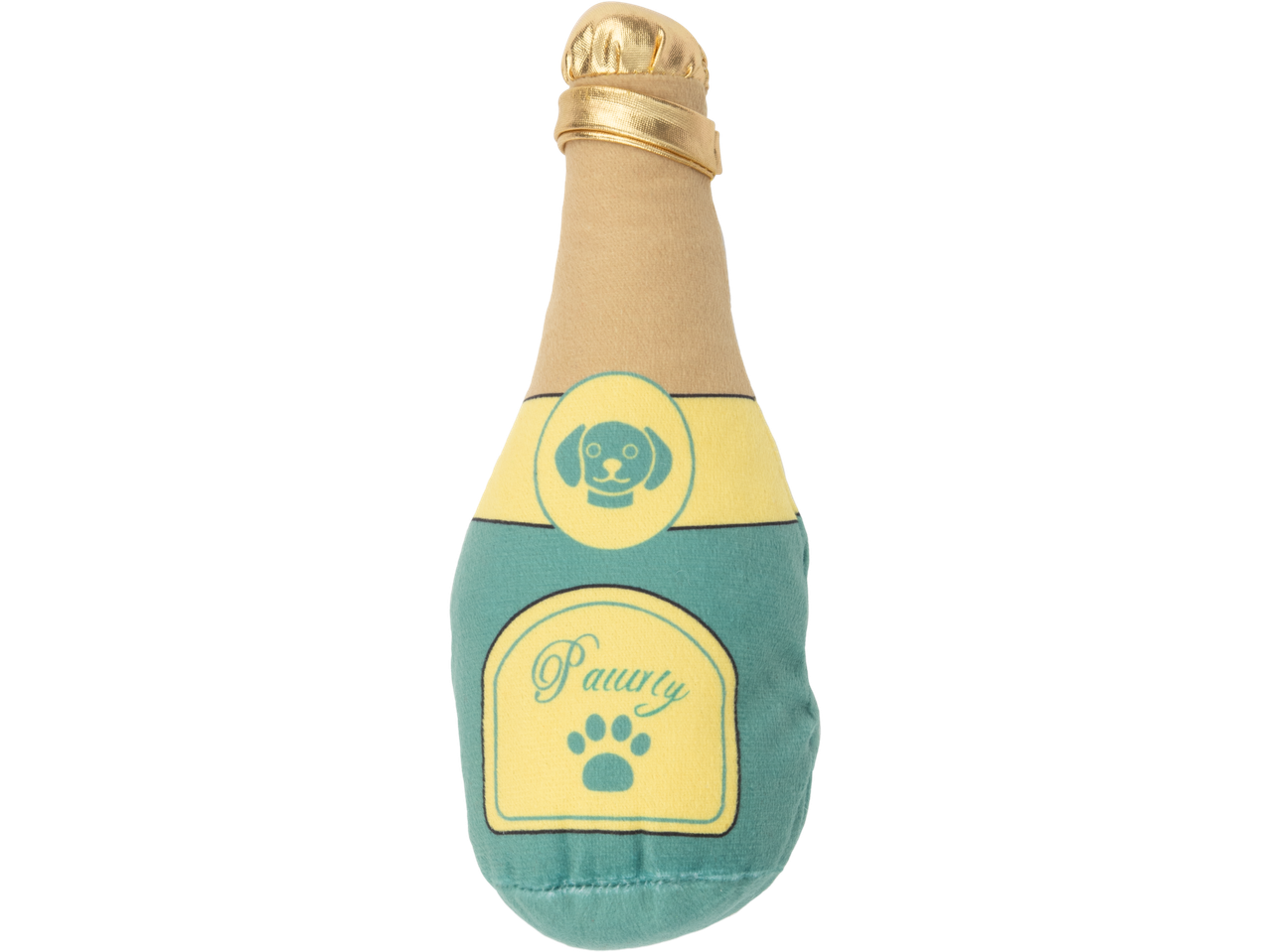 Plüüsist koeramänguasi šampanjapudeli kujul, millel on tekst „Pawty“ ja koera pea.