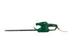 Green electric hedge trimmer with a long blade and an orange power cord.