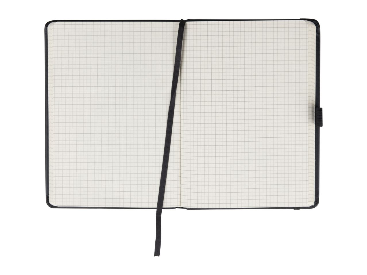 Open black notebook with grid paper and a black ribbon bookmark.