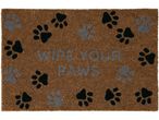 Brown coir doormat with black and gray paw prints and the text 'WIPE YOUR PAWS'.