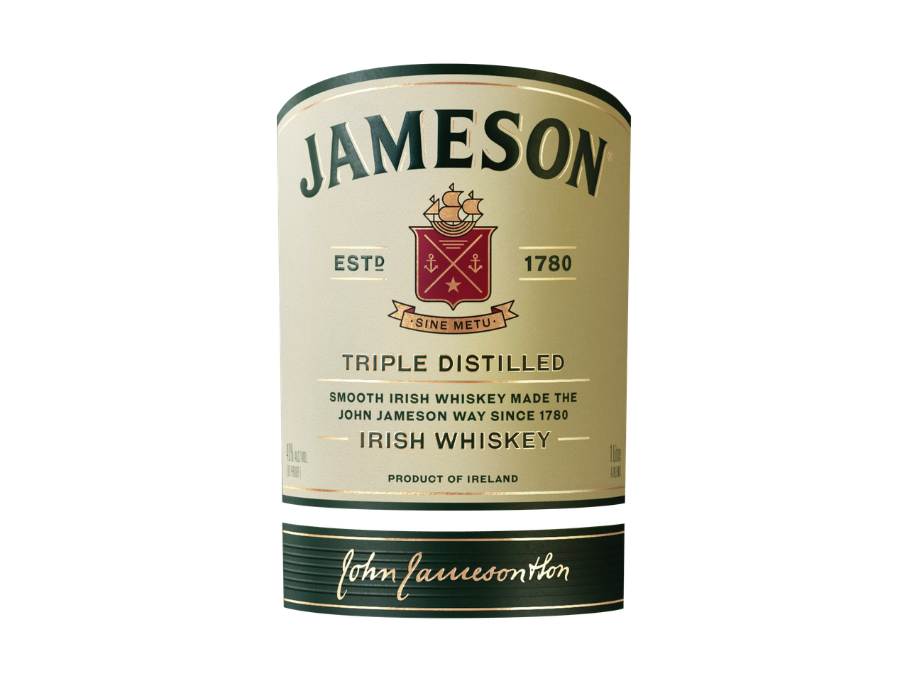 Етикет на бутилка ирландско уиски с надпис „Triple Distilled Irish Whiskey“.