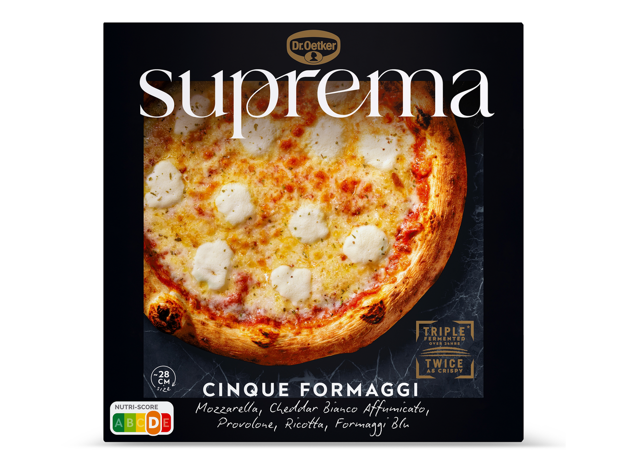 Cinque Formaggi pizza met vijf soorten kaas, 28 cm groot.