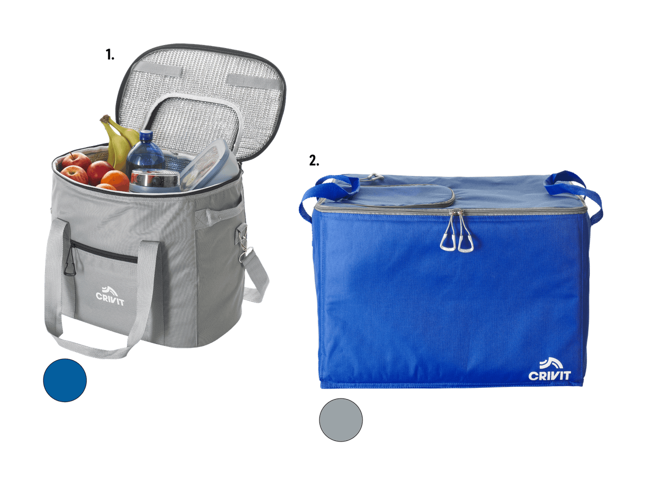 Sacs isothermes gris et bleu, l'un ouvert avec fruits et boissons, l'autre fermé.