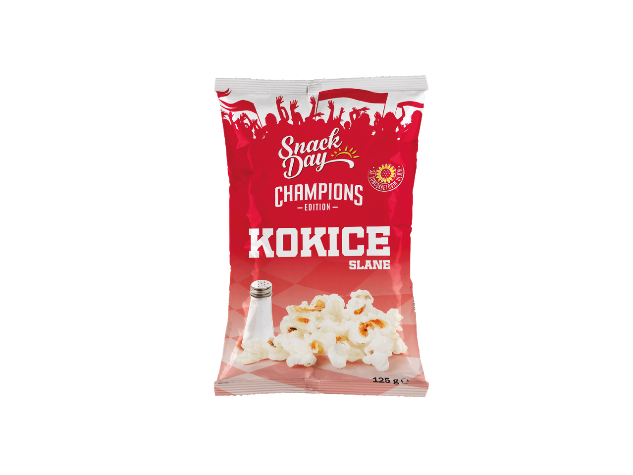Pakiranje slanih kokica s natpisom 'Snack Day Champions Edition' i ilustracijom navijača.