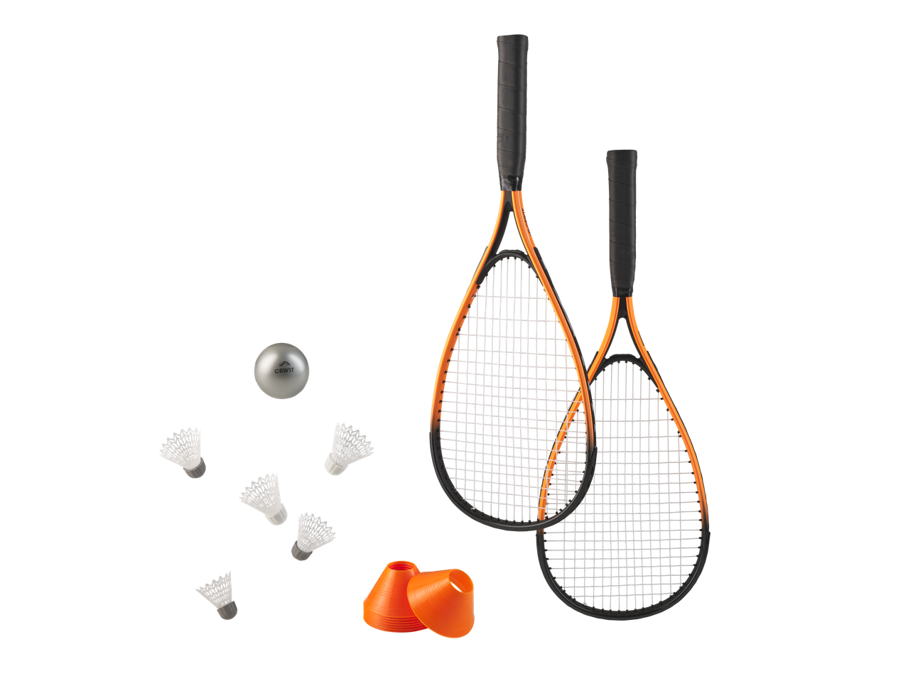 CRIVIT Rapid Ball speelset met twee rackets, shuttles, bal en oranje pionnen.