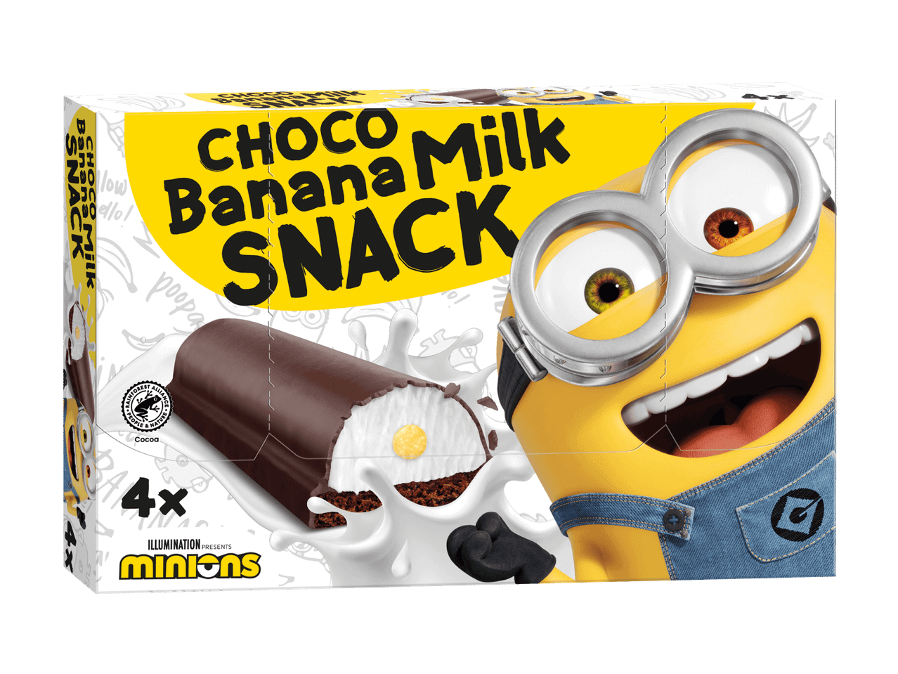 Banaanimaidonmakuinen suklaapatukka, jossa on Minion-hahmo ja teksti 'CHOCO Banana Milk SNACK'.