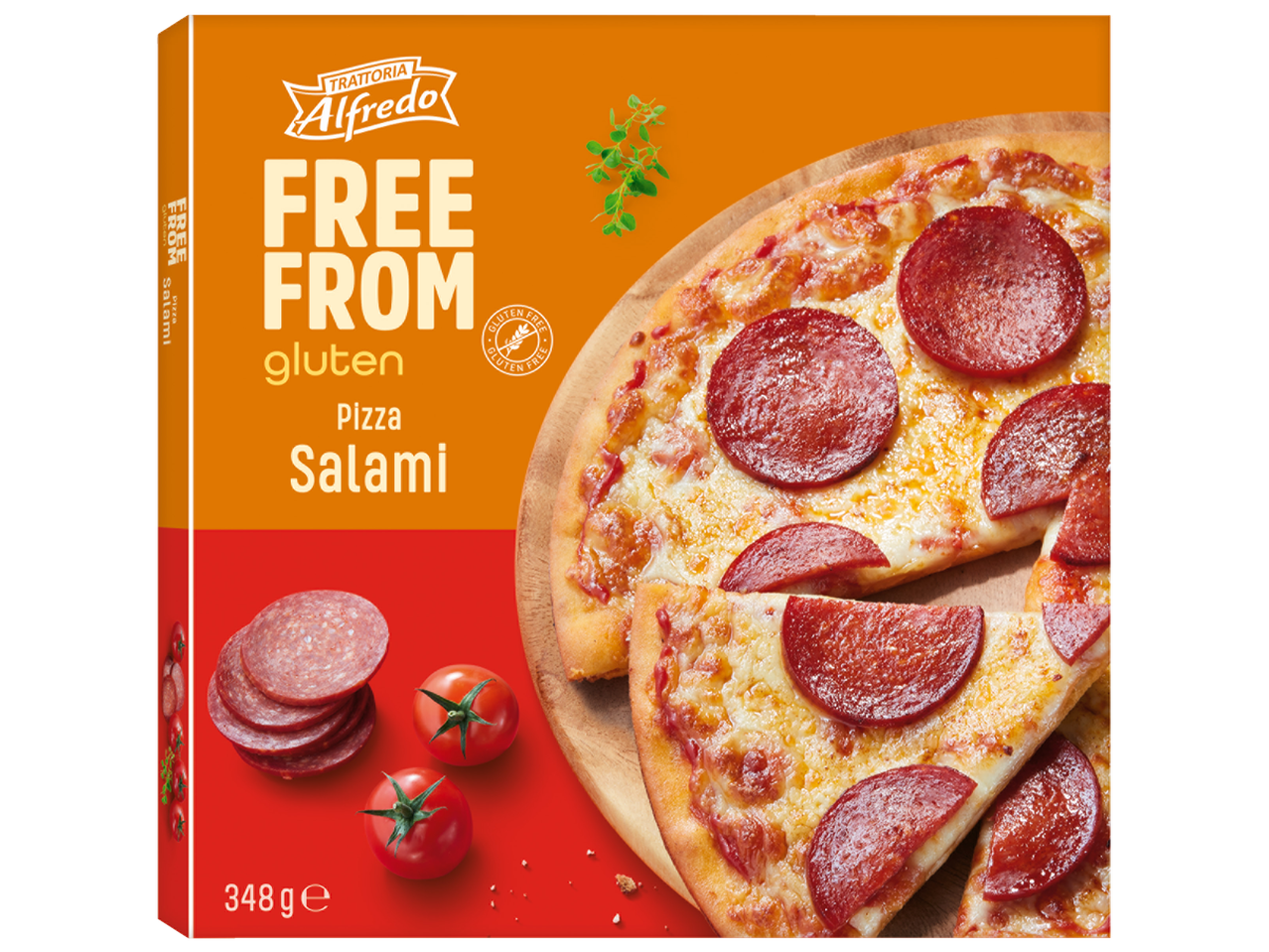 Tastino Alfredo pizza cu salam fără gluten și roșii.