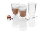 Double-walled glass latte glasses with a spoon and chocolate.