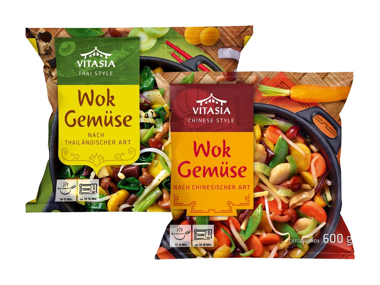 Zwei Packungen Wok-Gemüse, eine nach thailändischer Art und eine nach chinesischer Art.