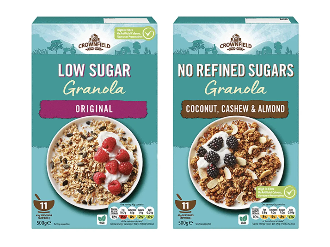 Two Crownfield granola boxes: Low Sugar Original and No Refined Sugars Coconut, Cashew & Almond.