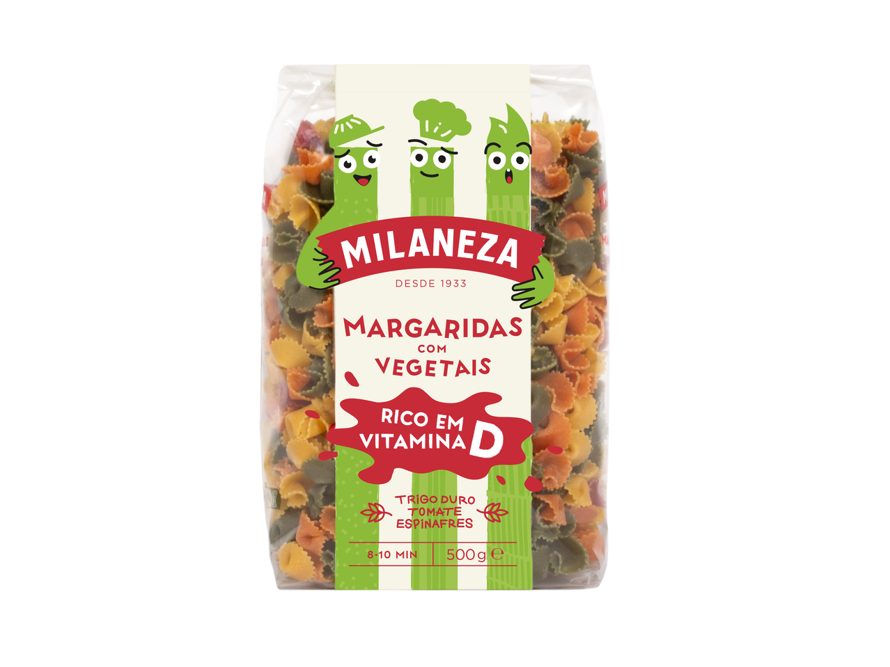 Pacote de massa colorida em forma de borboleta com vegetais, rica em vitamina D.