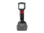 A green and black cordless work light with a bright LED, powered by a battery.