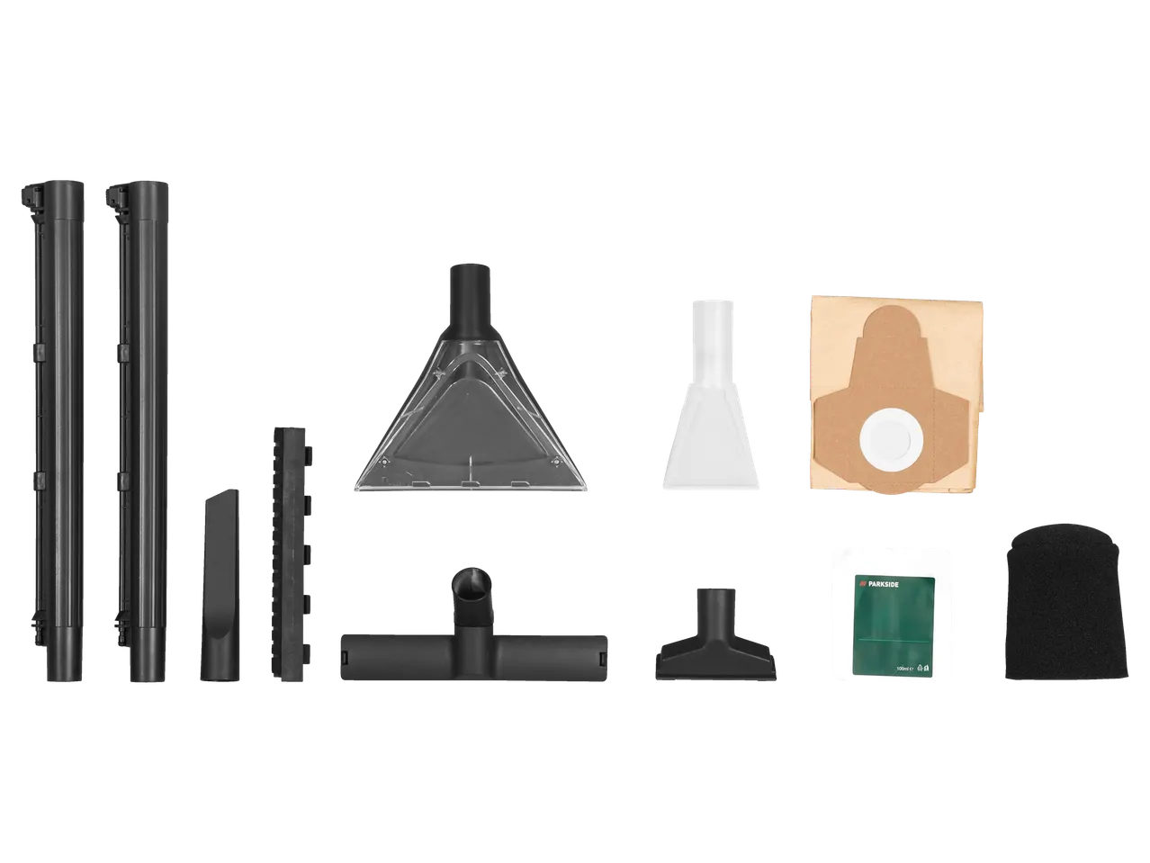 Parkside vacuum cleaner accessories: tubes, floor nozzle, crevice tool, dust bag, filter.