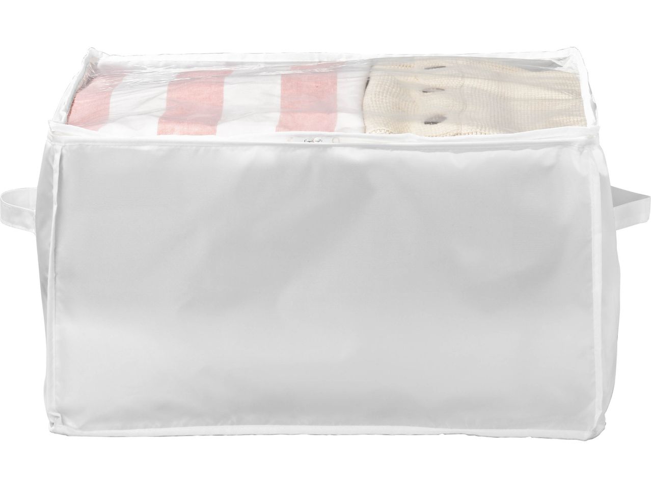 Contenitore per riporre oggetti in tessuto bianco con coperchio trasparente e manici laterali.
