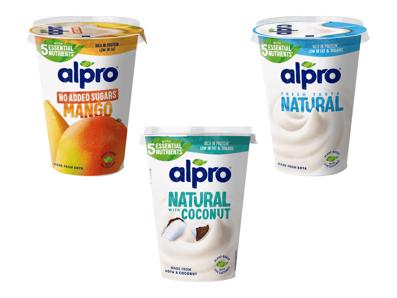 Kolme Alpro-jogurttipurkkia: mango, luonnollinen ja kookos.