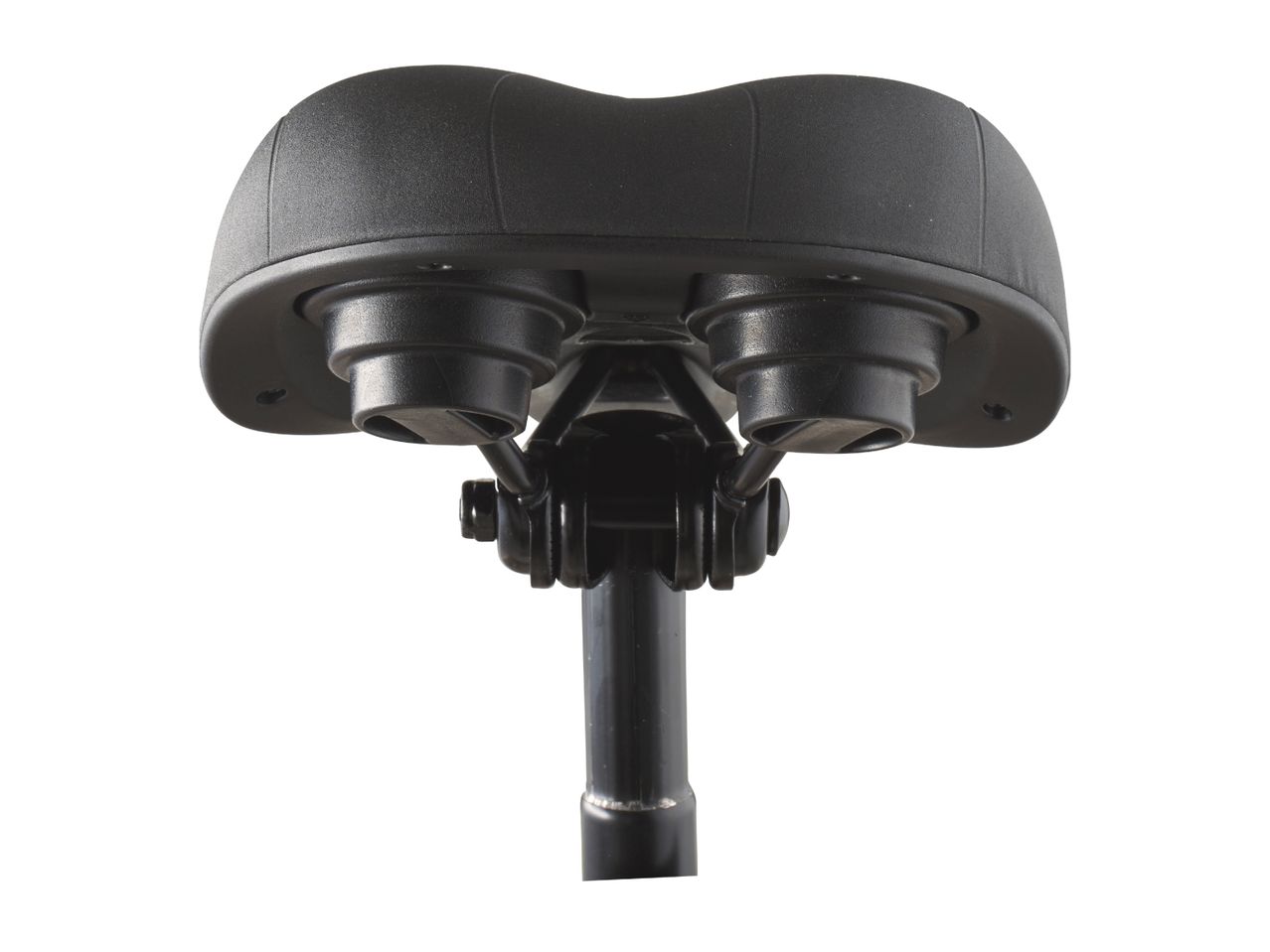Black bicycle saddle with metal post, viewed from below.