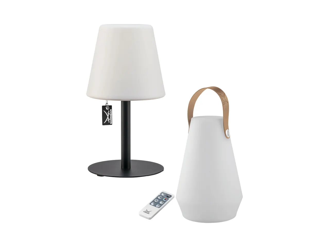 Zwei weiße LED-Tischlampen, eine mit schwarzem Fuß und eine mit braunem Ledergriff, plus Fernbedienung.