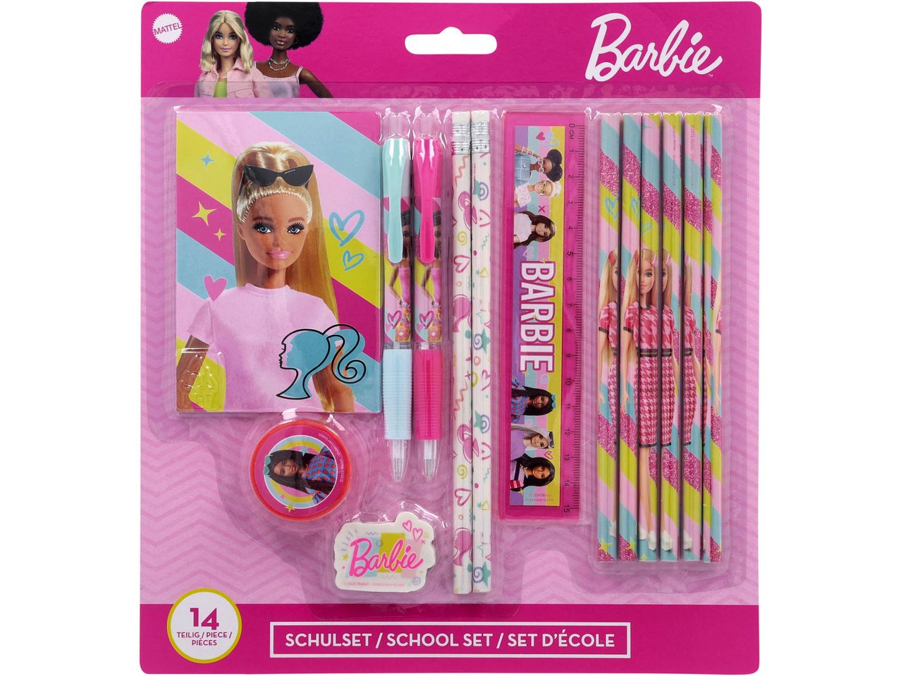 Barbie-themed school set with pens, pencils, ruler, eraser, and sharpener.