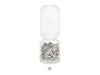 A clear plastic container filled with metal washers, with one washer lying separately below.