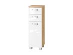 Tall, narrow cabinet with three drawers and one door, white high-gloss finish with wooden top and sides.