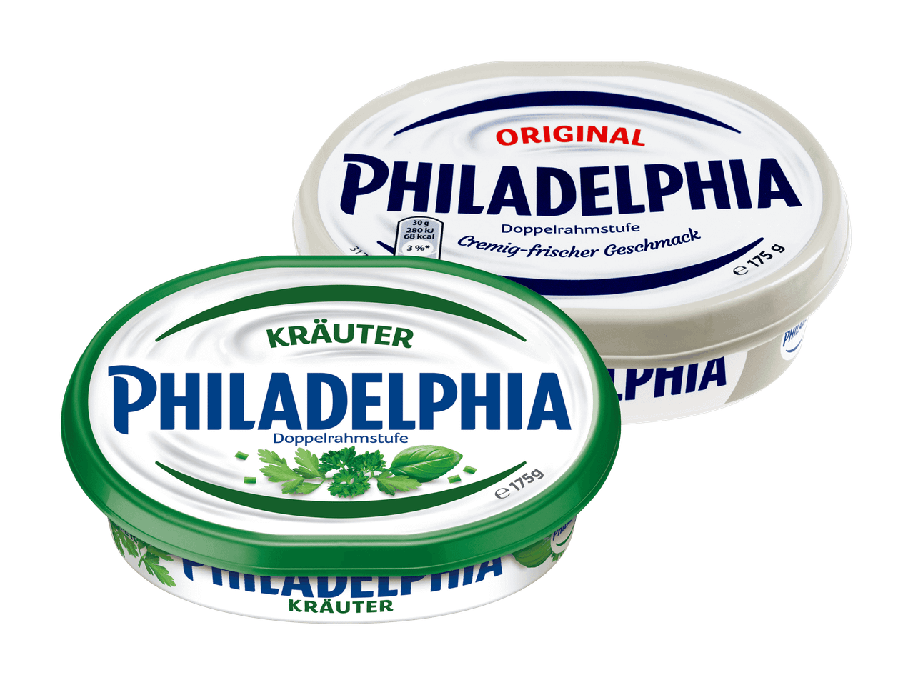 Zwei Philadelphia Frischkäse-Behälter: Original und Kräuter.