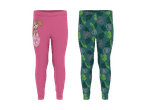 To par leggings til børn: et par pink med en hund og et par grønne med blade og logoer.