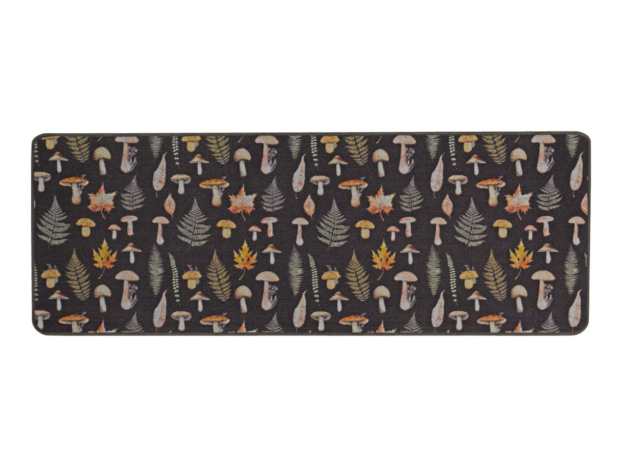 Rectangular mat with a pattern of mushrooms, ferns, and autumn leaves on a dark background.