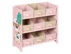 Estante rosa LIVARNO com nove caixas de tecido em tons pastel e tema de animais de quinta.