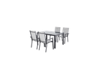 Conjunto de jantar exterior com mesa retangular e quatro cadeiras, com tecido cinzento claro e estruturas escuras.